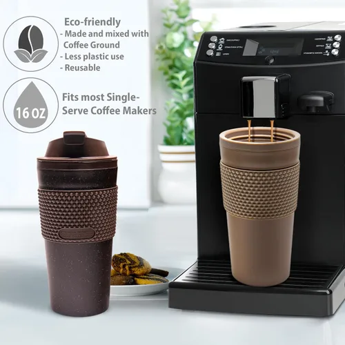 Miniatura 6 de Juego de Vasos Térmicos para Café de 16 onzas, Paquete de 2, Fabricado con Posos de Café Reales, Pared Doble Desmontable y Aislante, Listo