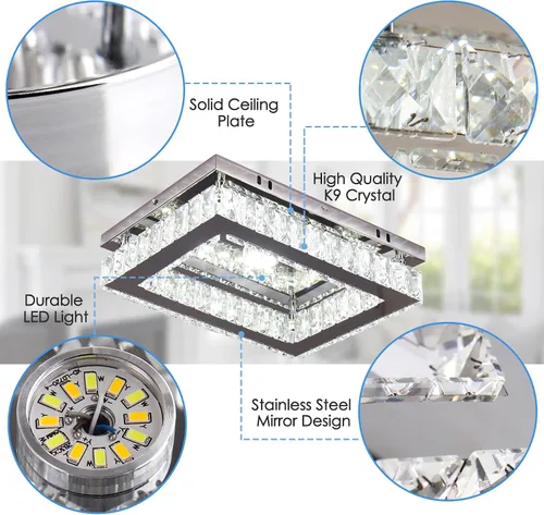 Miniatura 4 de Finktonglan Lámpara de Techo LED de Cristal Empotrada Moderna, Candelabro Rectangular de Cristal K9 y Acero Inoxidable, 20W Regulable con Control