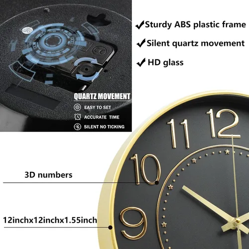 Miniatura 3 de HZDHCLH Reloj de pared de 12 pulgadas, funciona con pilas, movimiento de cuarzo, silencioso y moderno, sin tictac, para sala de estar, dormitorio