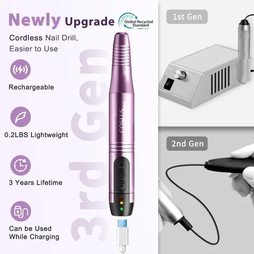 Miniatura 2 de COSLUS Taladro de uñas inalámbrico con lima eléctrica: profesional para uñas acrílicas, gel, polvo adhesivo, portátil, kit de máquina de taladro