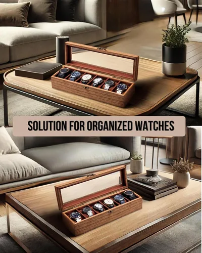 Miniatura 4 de Caja de reloj para hombres y mujeres, tapa de cristal grande, caja de almacenamiento de madera con 6 ranuras, organizador retro Burlywood