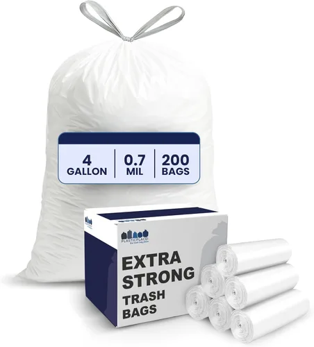 Plasticplace Bolsas de basura de 4 galones con cordón blancas, 200 unidades (Paquete de 1) – Forros de basura a prueba de fugas de 0.7 mil para