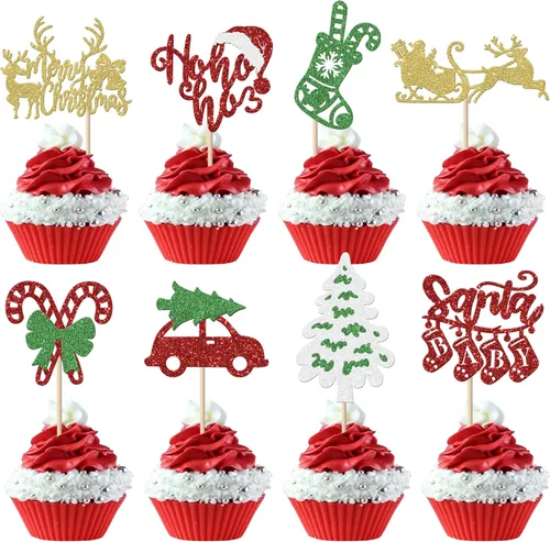 Miniatura 25 de Rsstarxi Paquete de 24 Adornos para Cupcakes Oh Baby de Navidad con Purpurina, Sombreros de Navidad, Palillos para Cupcakes de Baby Shower para Baby