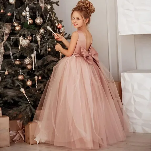 Miniatura 5 de Vestido de niña de flores para boda, espalda abierta, sin mangas, de tul de princesa, vestido de baile con nudo de lazo
