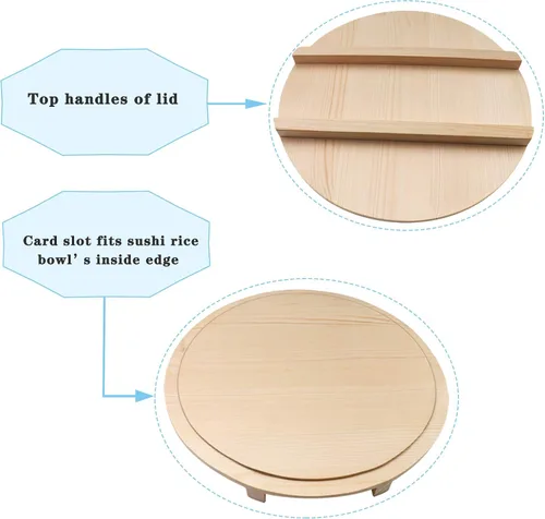 Miniatura 6 de Kichgather Tazón de arroz de madera para sushi con tapa Hangiri Sushi Oke Sushi Arroz Mezclador (13 pulgadas con tapa)