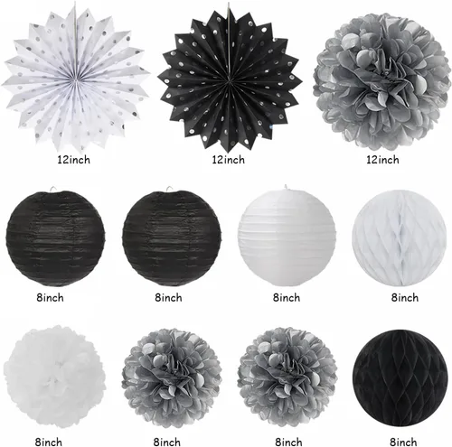 Miniatura 2 de Decoración de fiesta de cumpleaños negro blanco plateado - 21 piezas, pancarta feliz para niños y hombres, banderines de papel, linternas de panal