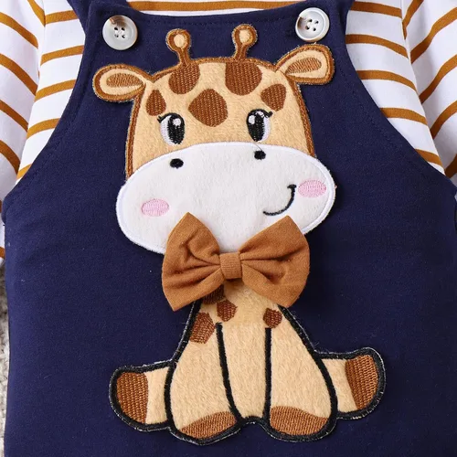 Miniatura 5 de Conjunto de ropa de bebé para recién nacido, para otoño e invierno, a rayas, mameluco de dibujos animados, conjunto de pantalones con tirantes