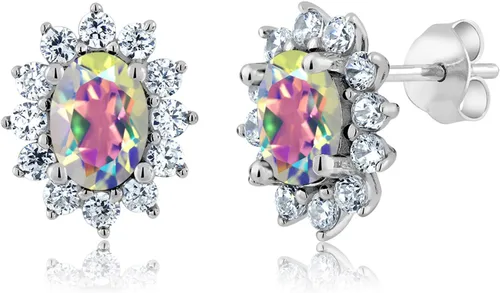 Miniatura 280 de Gem Stone King Aretes ovalados de plata de ley 925 de 0.276 x 0.197 in con piedra natal de la princesa Diana, estilo halo real para mujeres