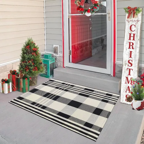 Miniatura 6 de Alfombra de Exterior de Cuadros Buffalo 2x3 pies, Alfombra Tejida de Algodón Negro y Blanco Roto, Tapetes para Puerta de Porche Frontal, Alfombra