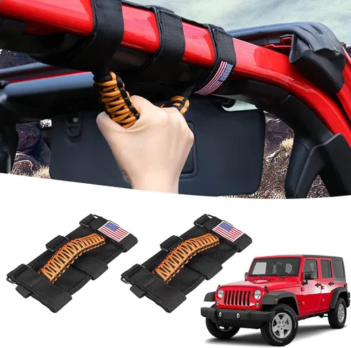 GAIZON Paquete de 2 asas de agarre de barra antivuelco, asas de paracord para Jeep Wrangler CJ YJ TJ JL JK LJ JLU JKU Sahara Freedom Rubicon, Naranja