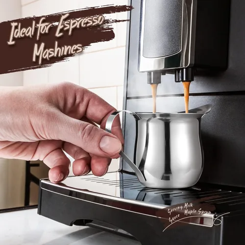Miniatura 5 de Potchen Paquete de 6 cremas de campana de acero inoxidable de 3 onzas, mini jarras de leche para café con mango y tazas de boquilla para servir