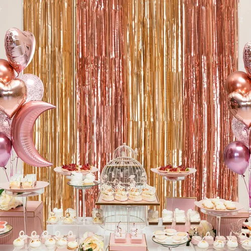 Miniatura 5 de LOLStar Paquete de 2 decoraciones de cumpleaños de oro rosa, cortinas de flecos de papel de aluminio rosa y dorado, cortinas de flecos de papel
