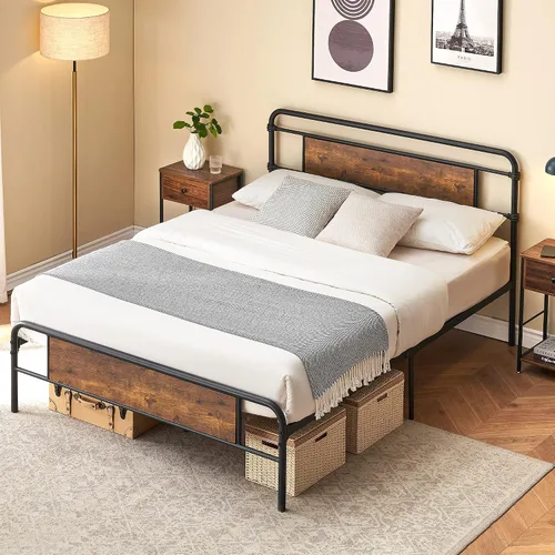 coucheta Base de cama de plataforma de metal de 12.6 pulgadas con cabecera de madera rústica vintage, base de colchón, soporte de listones de metal