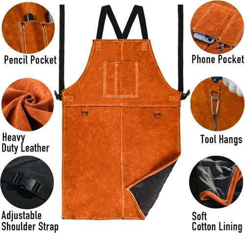 Miniatura 3 de Delantal de trabajo de soldadura de cuero, delantal con peto resistente al calor y a las llamas, delantal ignífugo resistente para barbacoa Canela