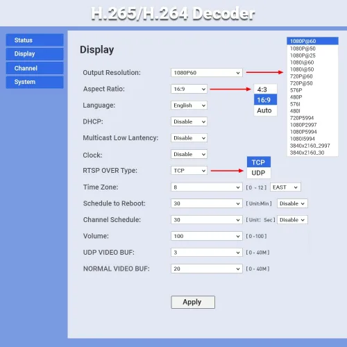 Miniatura 5 de H.265 H.264 Decodificador de audio de vídeo HD Decodificador de cámara IP HTTP RTSP M3U8 RTMP UDP Unitcast a HDMI AV RCA Decodificador