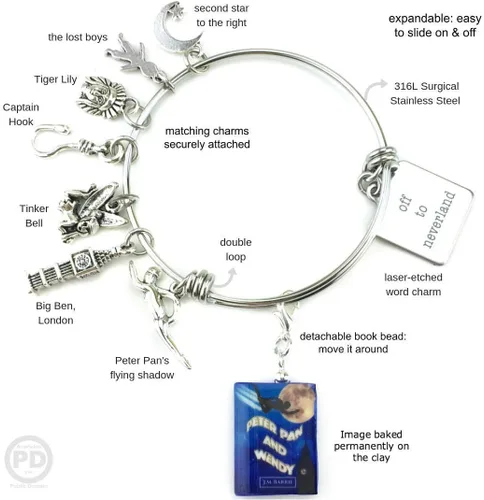Miniatura 2 de PETER PAN J. M. Barrie Clay - Brazalete extensible de acero inoxidable con diseño de barrie Book Beads