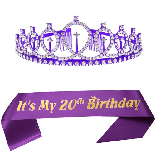 Suministros para fiesta de cumpleaños número 20 para mujer, banda de feliz cumpleaños 20 y tiara de cumpleaños, coronas de princesa, decoraciones de