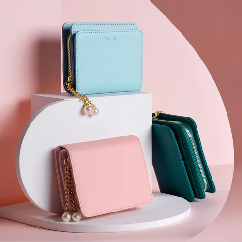 Miniatura 6 de Cartera para mujer con colgante de perlas RFID bloqueo tarjeta de crédito cartera de cuero premium, Celeste, Minimalista