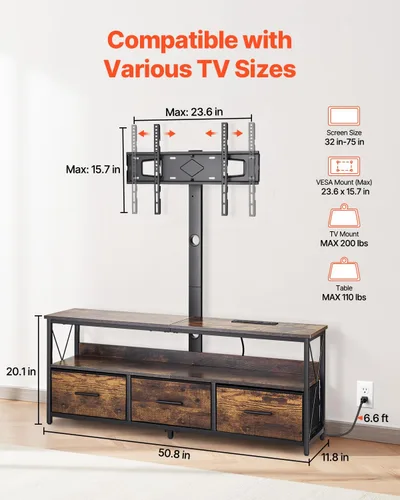 Miniatura 3 de VEVOR Soporte de TV de 52 pulgadas con soporte para televisores de hasta 75 pulgadas, centro de entretenimiento con toma de corriente y luces LED