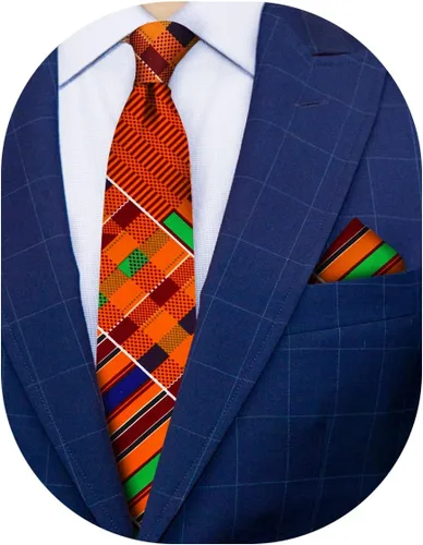 Miniatura 40 de Juego de corbata Kente con estampado africano y animal y pañuelo de bolsillo a juego