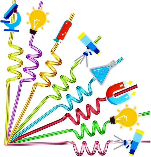 24 popotes con forma de temática científica reutilizables de plástico, pajitas de cóctel para bebidas con decoraciones de dibujos animados, Ciencia