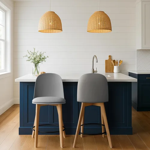 Miniatura 18 de 2xhome Juego de 2 taburetes de bar de altura de mostrador Asiento de plástico moldeado moderno de mediados de siglo Patas de madera maciza