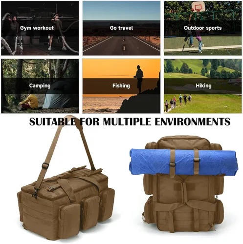 Miniatura 5 de 3 en 1 bolsa de lona militar 50L bolsa de gimnasio para hombres convertible mochila de fin de semana para deportes viajes baloncesto, 115L-Caqui