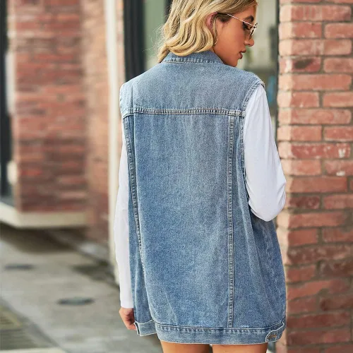 Miniatura 4 de Gratoryna Chaleco de mezclilla para mujer, de gran tamaño, sin mangas, con botones, desgastado, chaqueta de mezclilla