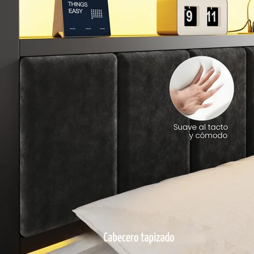 Miniatura 7 de OLEVS Base de cama King con estación de carga y luces LED, cama de plataforma moderna con cabecera de almacenamiento tapizada, no necesita somier