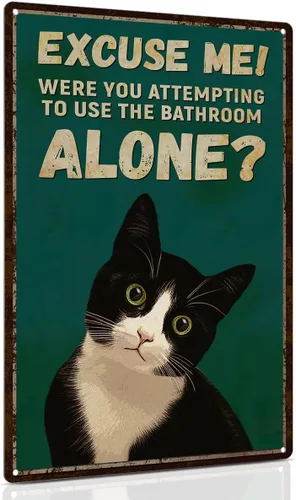 Miniatura 12 de ALKB Letrero de baño con diseño de gato esmoquin, divertido letrero de metal de 8 x 12 pulgadas – Are You Pooping – Decoración de pared de gloria
