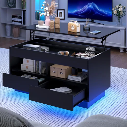 Miniatura 10 de HOMMPA - Mesa de café con tapa elevable de 40" con almacenamiento, mesa de centro LED moderna de alto brillo para sala de estar, mesa de té moderna