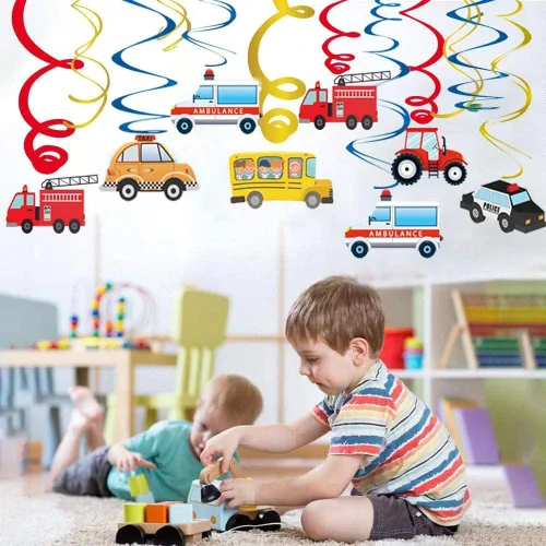 Miniatura 5 de Decoraciones de remolinos colgantes para fiestas de transporte, 30 unidades, con temática de autos, guirnalda de pancarta de feliz cumpleaños