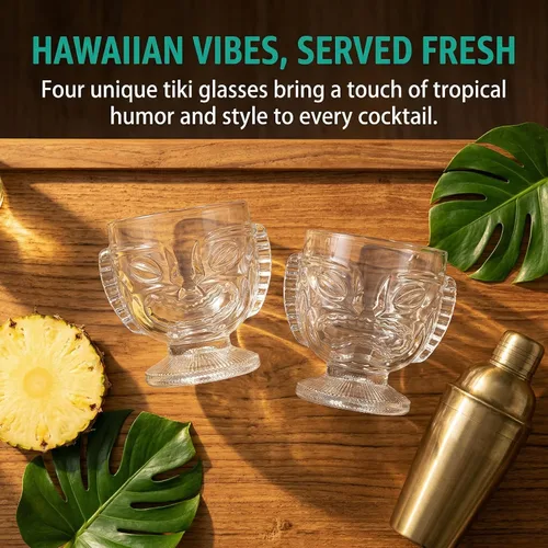 Miniatura 4 de TOPZEA Paquete de 4 vasos Tiki de 14 onzas, juego de tazas Tiki transparentes modernas, vasos de cóctel de bar, tazas hawaianas para fiesta Luau