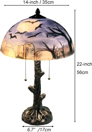 Miniatura 8 de Bieye L10973 Murciélagos volando sobre el cementerio en la noche de luna llena Lámpara de mesa de vidrio pintada a mano para decoración de Helloween