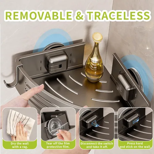 Miniatura 4 de Organizador de ducha con ventosa, sin perforación, estante de ducha de esquina de baño, organizador de baño extraíble con barra de toalla