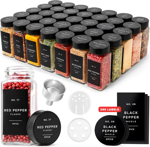 EDELHAUS Tarros de especias de vidrio con etiqueta y tapas negras (36 x 4 onzas), recipientes para especias con 240 etiquetas, insertos de