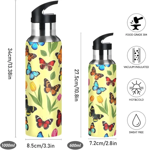 Miniatura 2 de Stainless Steel Vacuum Insulated Water Bottle 32 Oz, Leakproof Water Bottles for Gym Outdoor Travel School, Colorful Butterflies Tulips Yellow