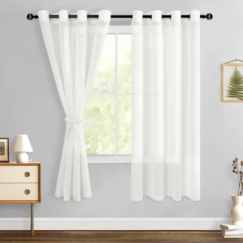 Miniatura 87 de Hiasan - Cortinas traslúcidas de gasa cortas semitransparentes con ojales y alzapaños filtrantes de luz para ventana, dormitorio, baño, 2 paneles