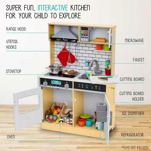 Miniatura 6 de Lil' Jumbl - Set de cocina natural de madera para niños, cocina de juguete, incluye campana extractora, microondas, estufa, horno que emite sonido