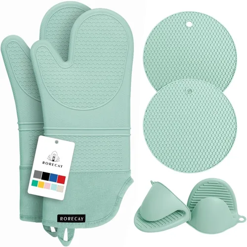 Miniatura 11 de Rorecay Juego de 6 guantes de horno y soportes para ollas para cocina, guantes de horno extralargos de silicona, resistentes al calor, 500 grados