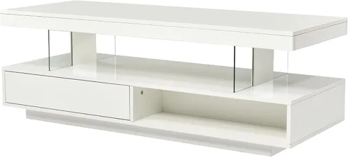 Miniatura 4 de Polibi Mesa de centro LED con almacenamiento, mesa central moderna con 2 cajones y estantes de exhibición, muebles decorativos con luces LED