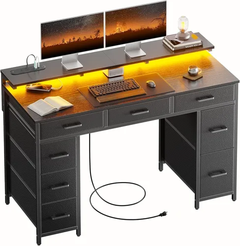 HLDIRECT Escritorio de computadora de 47 pulgadas con 8 cajones de almacenamiento, escritorio para juegos con luces LED y tomas de corriente USB,