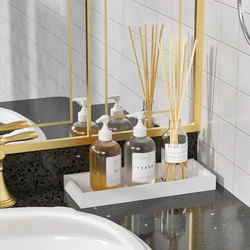 Miniatura 4 de Bandeja de tocador de baño para mostrador, bandeja decorativa de baño de bambú, bandeja de perfume para decoración del hogar, 11.3 pulgadas de largo