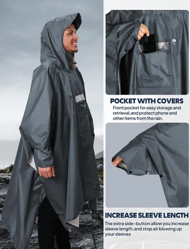 Miniatura 52 de ANYOO Poncho de lluvia con capucha para adultos, impermeable, ligero, para hombres y mujeres, chaqueta de lluvia reutilizable para emergencias al