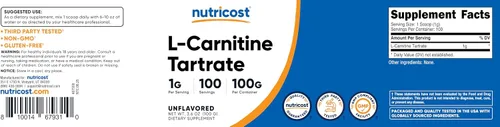 Miniatura 7 de Nutricost Tartrato de L-carnitina en polvo (3.53 oz) - 0.04 oz por porción; 100 porciones