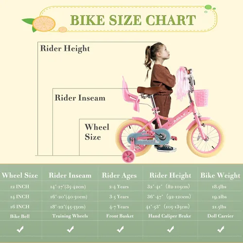 Miniatura 6 de RULLY Bicicleta para niños de 12, 14, 16 pulgadas, para niñas de 2 a 7 años con ruedas de entrenamiento y freno de mano delantero, bicicleta