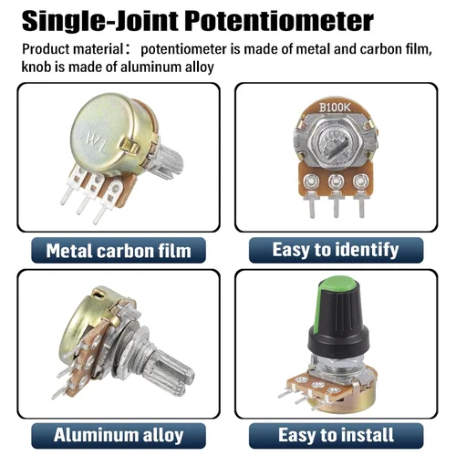 Miniatura 5 de WH148 Kit de potenciómetro 1K 2K 5K 10K 20K 50K 100K 250K 500K 1MK Ohm 0.591 in Eje Potenciómetros lineales de una sola articulación Juego de 3