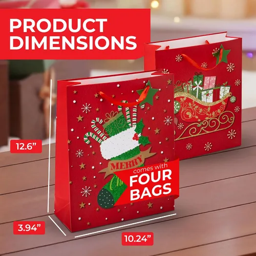 Miniatura 2 de Bolsas de regalo de Navidad – medianas 13 x 10 x 4 pulgadas (paquete de 4) – Bolsas de regalo de papel resistentes con papel de seda, etiqueta y asa