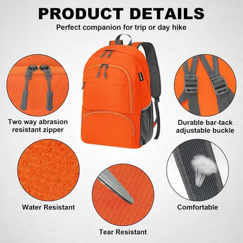 Miniatura 4 de HOLYLUCK Mochila plegable de senderismo ligera de 20L para hombres y mujeres, bolsa de hombro plegable al aire libre para viajes pequeños, naranja