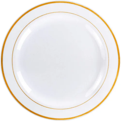Miniatura 5 de MCIRCO - Platos de plástico dorados, 100 platos desechables de fiesta para bodas, platos de borde dorado de primera calidad, incluye 50 platos
